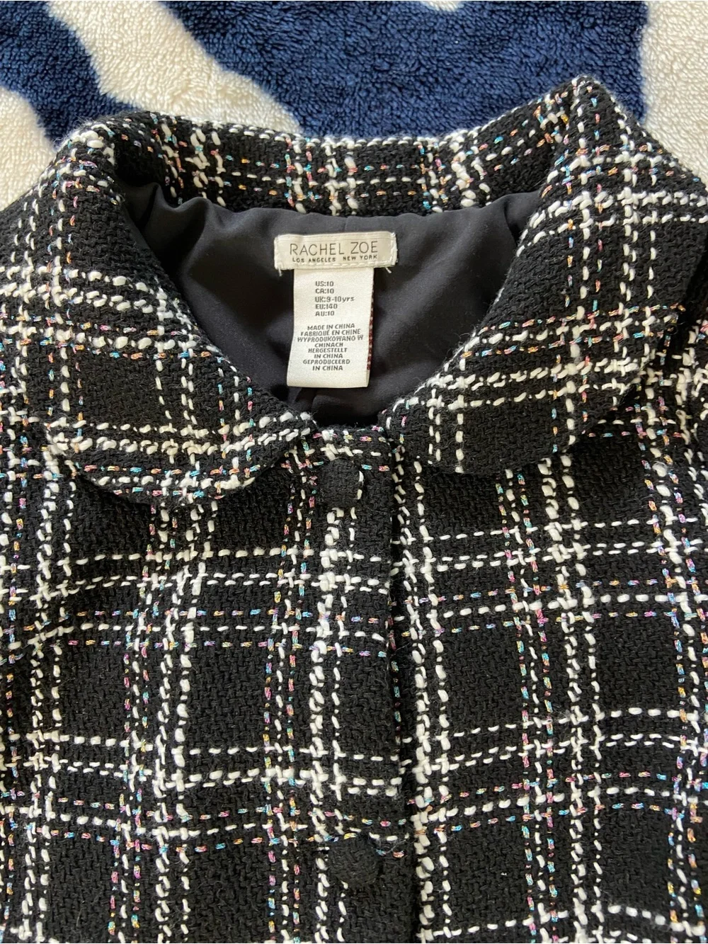 Rachel Zoe Girls Black White Plaid Tweed Bouclé Coat Metallic Peter Pan Collar